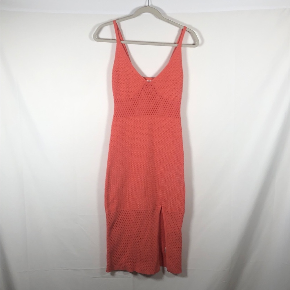 Coral Knit Crochet Midi‎ Bodycon Dress with V-Neck Boho Beach